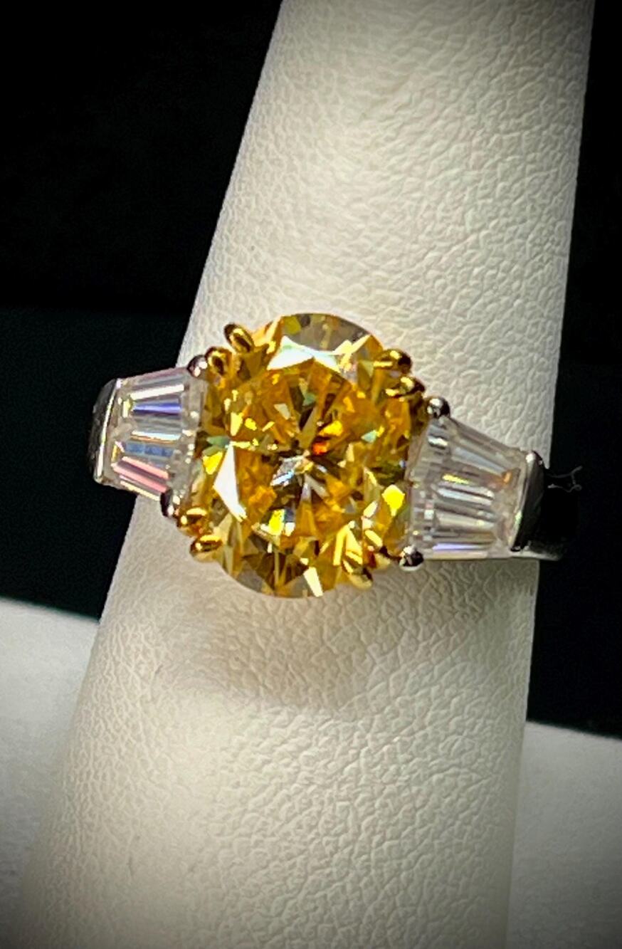 Icon Inspired Yellow Moissanite Ring – Sterling Silver, 14K Gold Prongs, Size 7